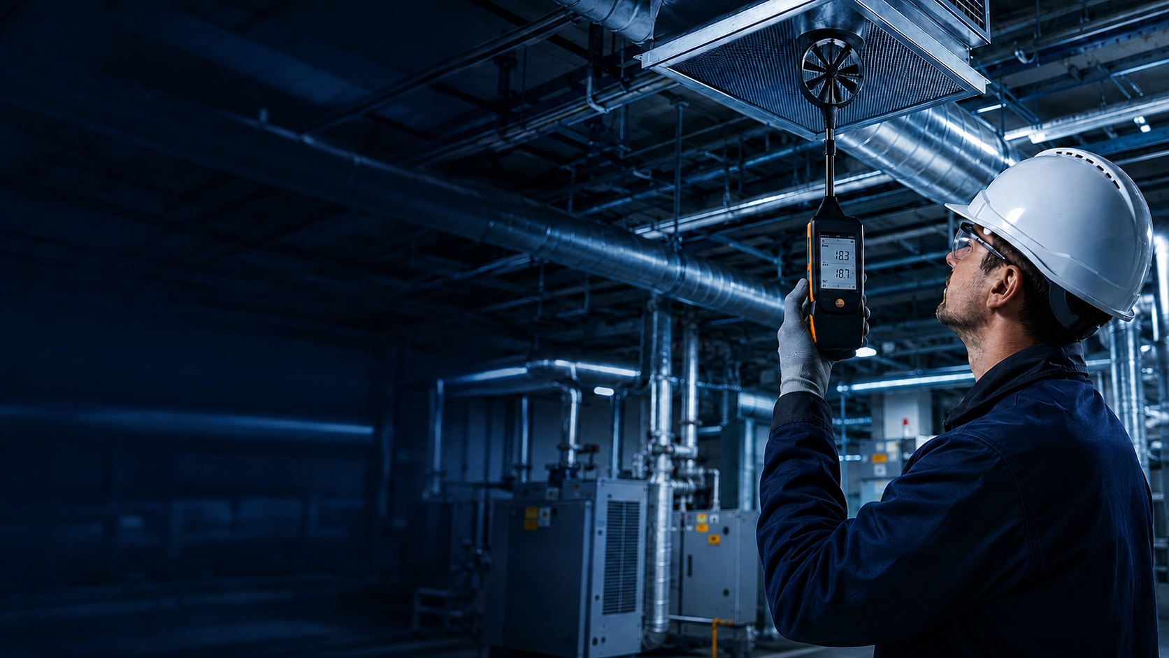 HVAC technician measuring an industrial ventilation system